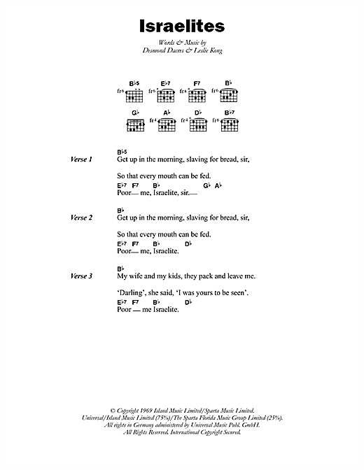 Download Desmond Dekker The Israelites Sheet Music and learn how to play Lyrics & Chords PDF digital score in minutes