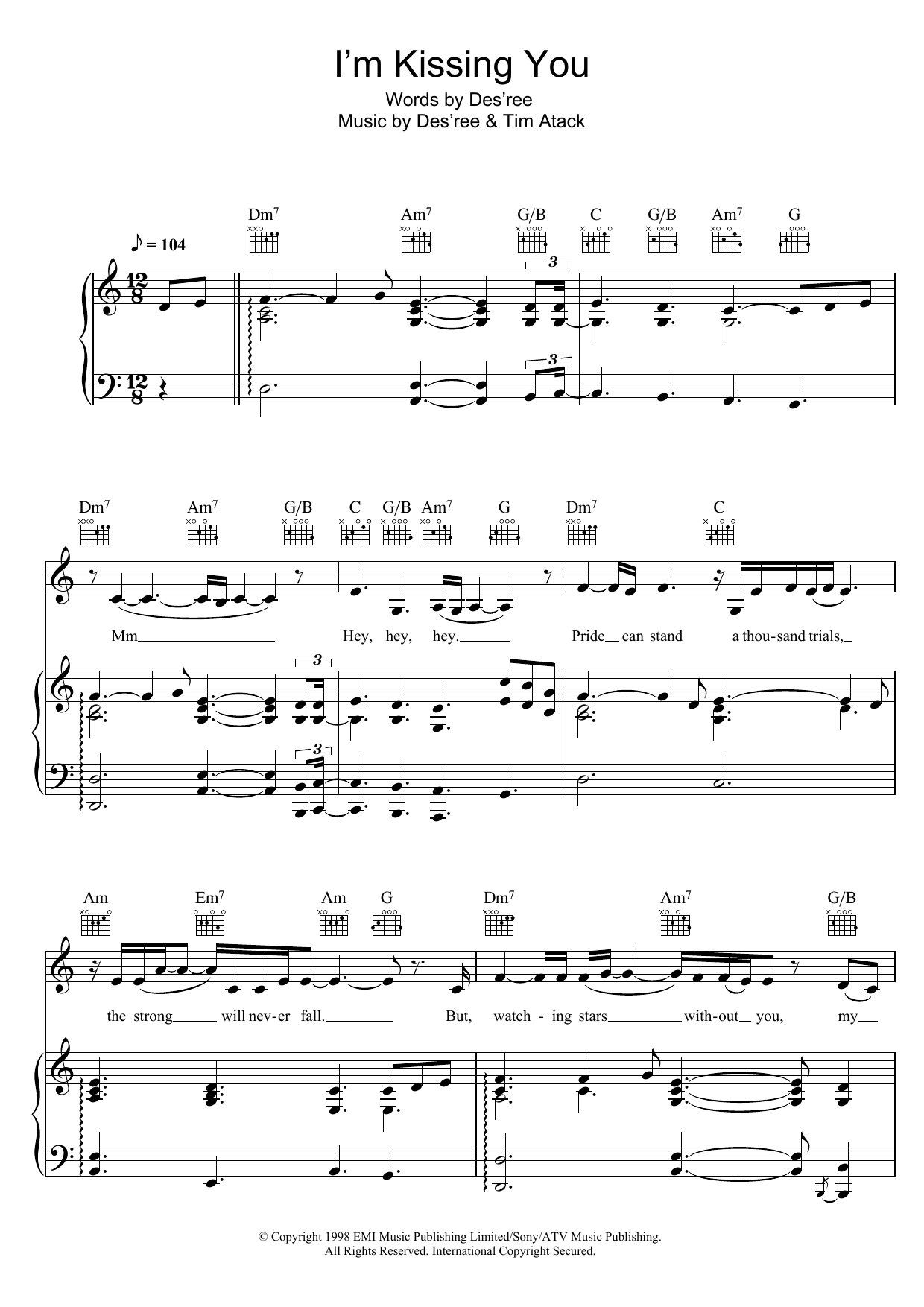 Download Des'ree I'm Kissing You Sheet Music and learn how to play Piano, Vocal & Guitar PDF digital score in minutes