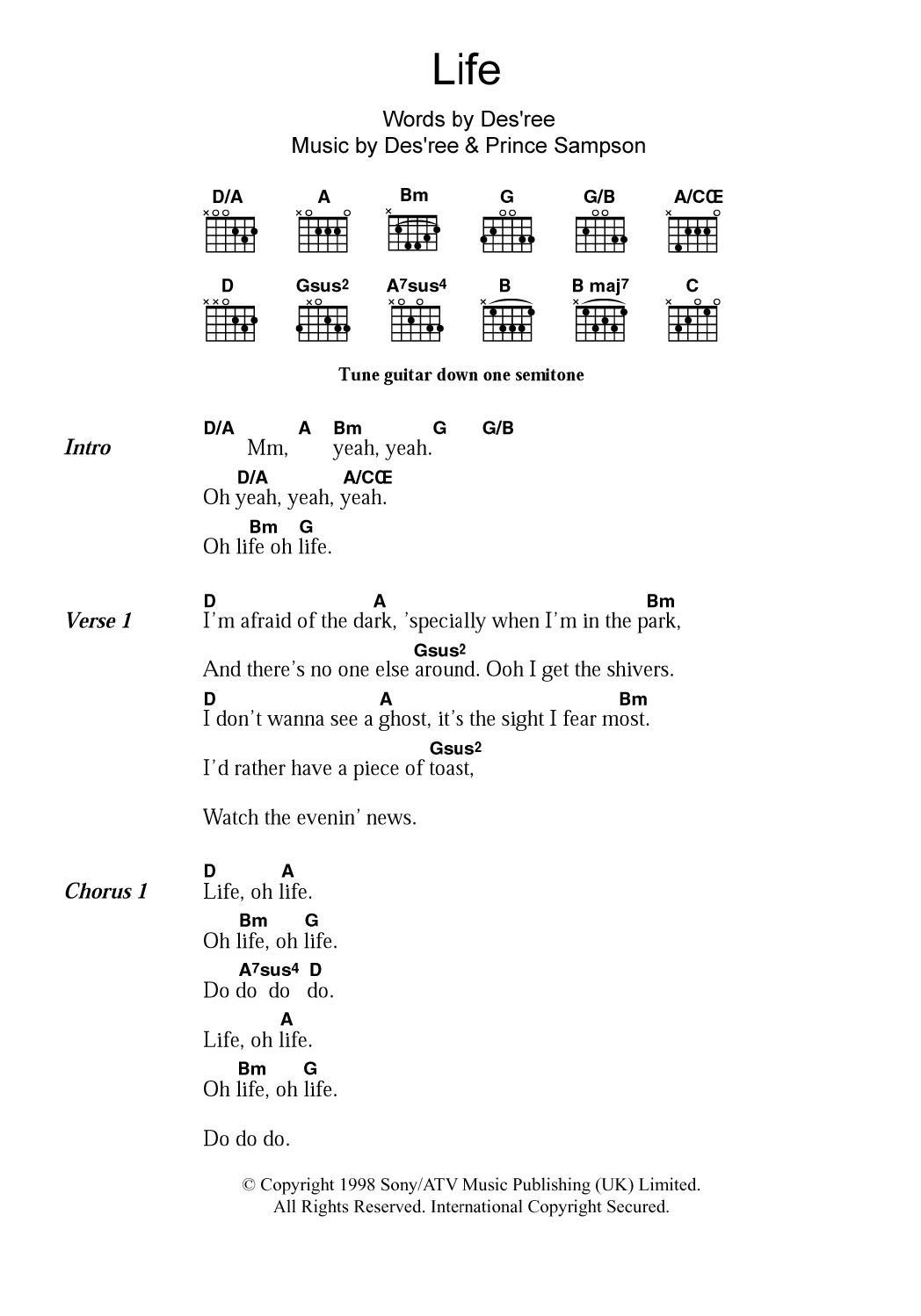 Download Des'ree Life Sheet Music and learn how to play Guitar Chords/Lyrics PDF digital score in minutes