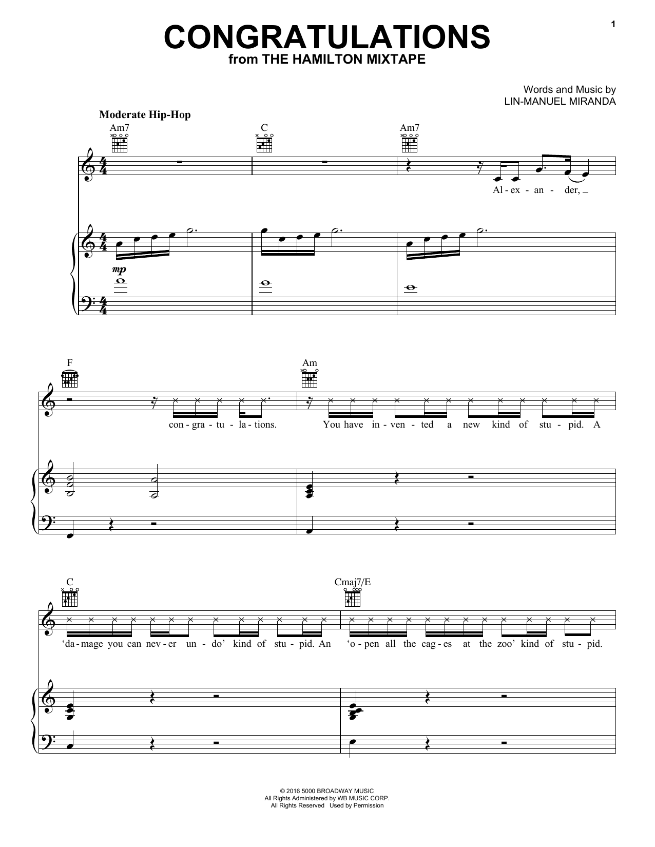 Download Lin-Manuel Miranda Congratulations Sheet Music and learn how to play Piano, Vocal & Guitar (Right-Hand Melody) PDF digital score in minutes