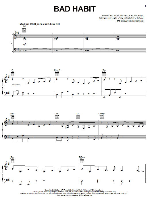 Download Destiny's Child Bad Habit Sheet Music and learn how to play Piano, Vocal & Guitar (Right-Hand Melody) PDF digital score in minutes