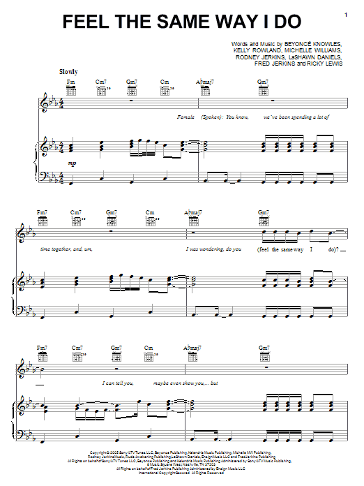 Download Destiny's Child Feel The Same Way I Do Sheet Music and learn how to play Piano, Vocal & Guitar (Right-Hand Melody) PDF digital score in minutes