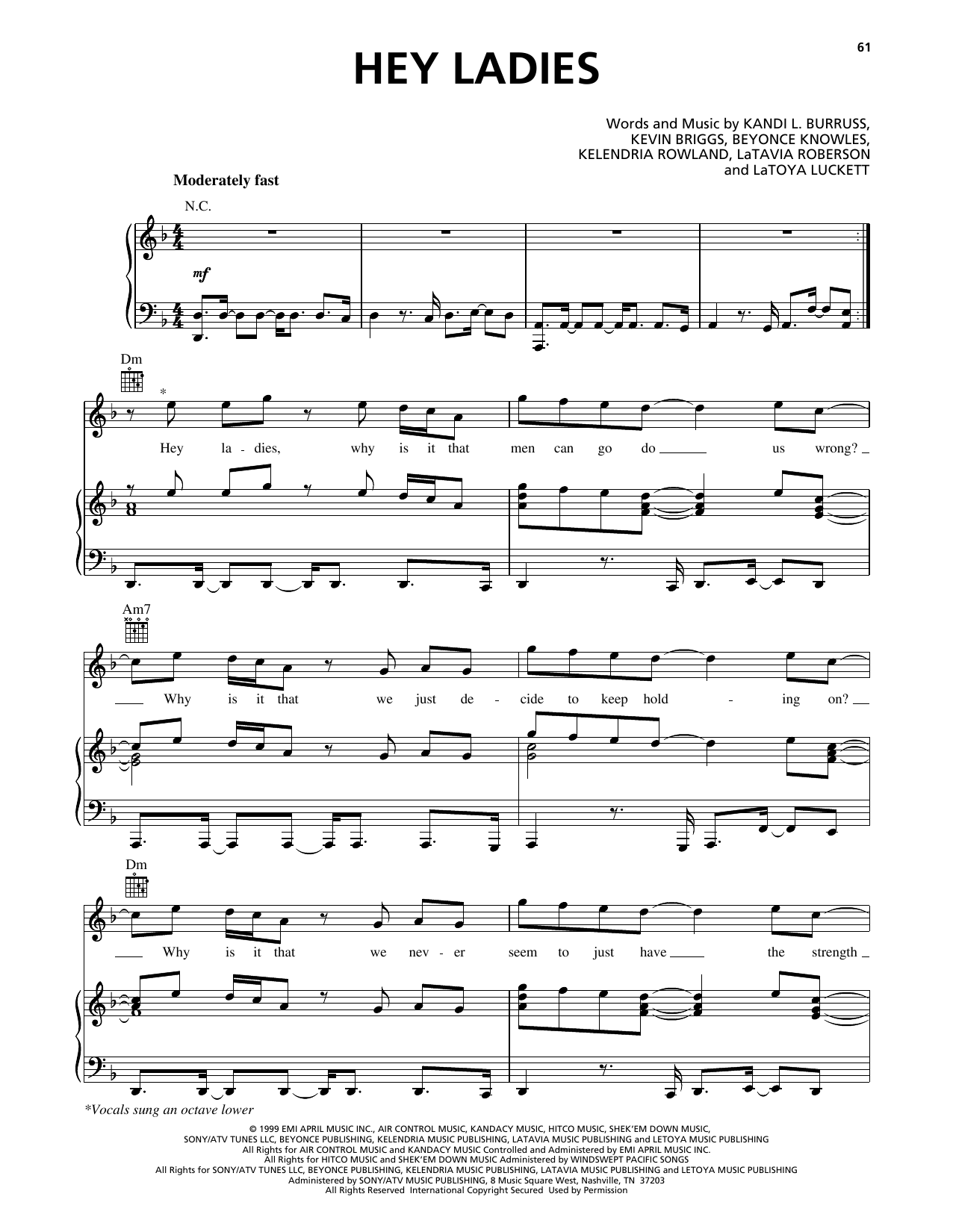 Download Destiny's Child Hey Ladies Sheet Music and learn how to play Piano, Vocal & Guitar Chords (Right-Hand Melody) PDF digital score in minutes