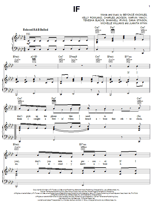 Download Destiny's Child If Sheet Music and learn how to play Piano, Vocal & Guitar (Right-Hand Melody) PDF digital score in minutes