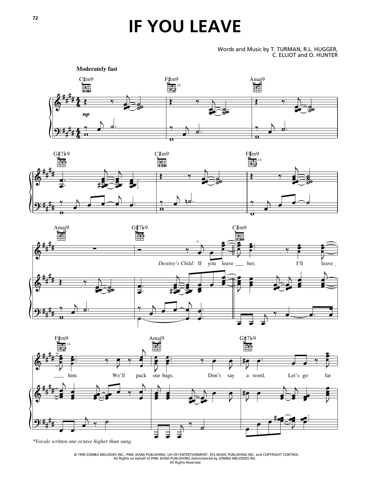 Download Destiny's Child If You Leave (feat. Next) Sheet Music and learn how to play Piano, Vocal & Guitar Chords (Right-Hand Melody) PDF digital score in minutes