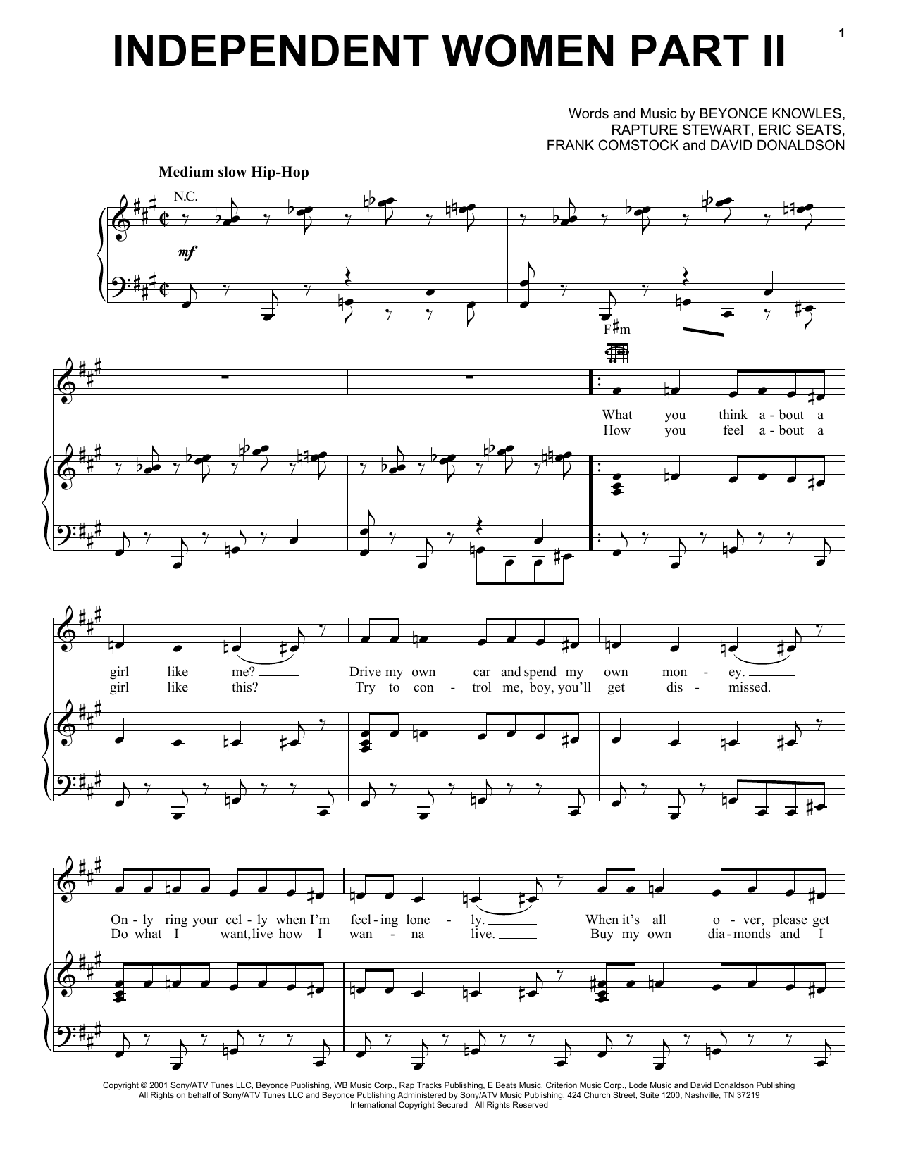 Download Destiny's Child Independent Women Part II Sheet Music and learn how to play Piano, Vocal & Guitar Chords (Right-Hand Melody) PDF digital score in minutes