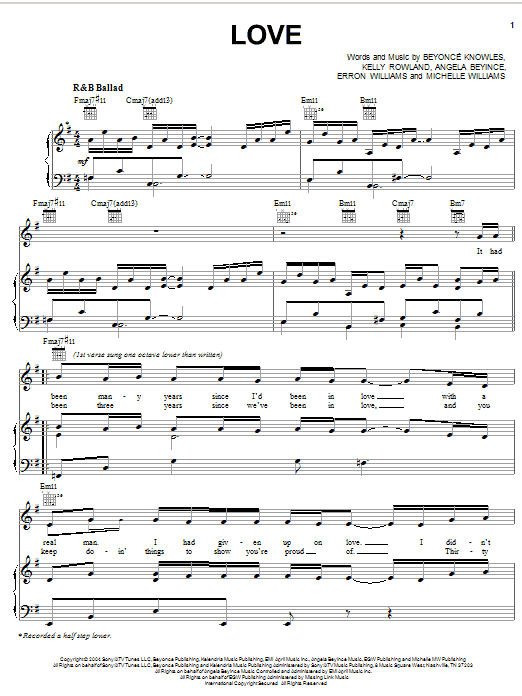 Download Destiny's Child Love Sheet Music and learn how to play Piano, Vocal & Guitar (Right-Hand Melody) PDF digital score in minutes