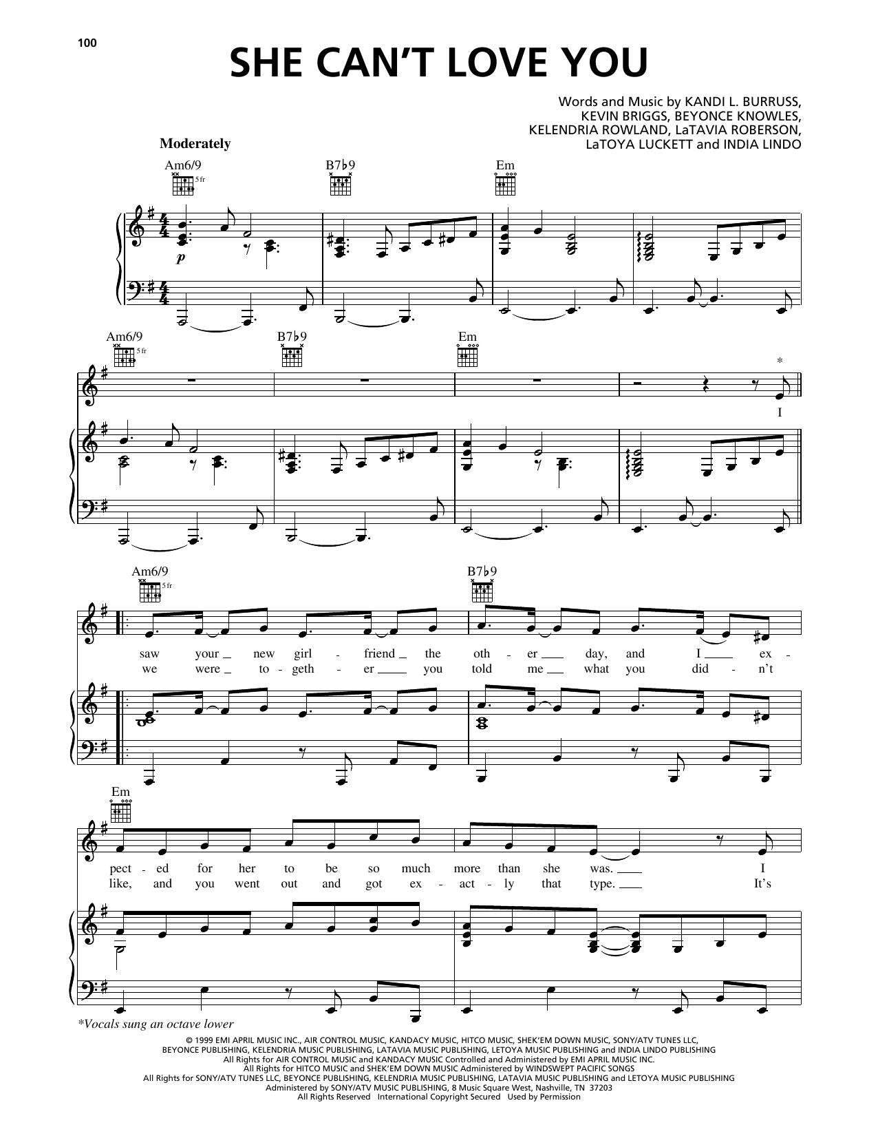 Download Destiny's Child She Can't Love You Sheet Music and learn how to play Piano, Vocal & Guitar Chords (Right-Hand Melody) PDF digital score in minutes