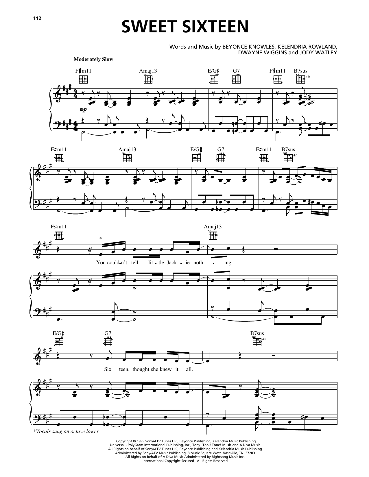 Download Destiny's Child Sweet Sixteen Sheet Music and learn how to play Piano, Vocal & Guitar Chords (Right-Hand Melody) PDF digital score in minutes