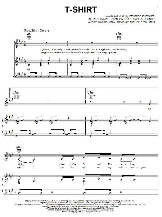 Download Destiny's Child T-Shirt Sheet Music and learn how to play Piano, Vocal & Guitar (Right-Hand Melody) PDF digital score in minutes