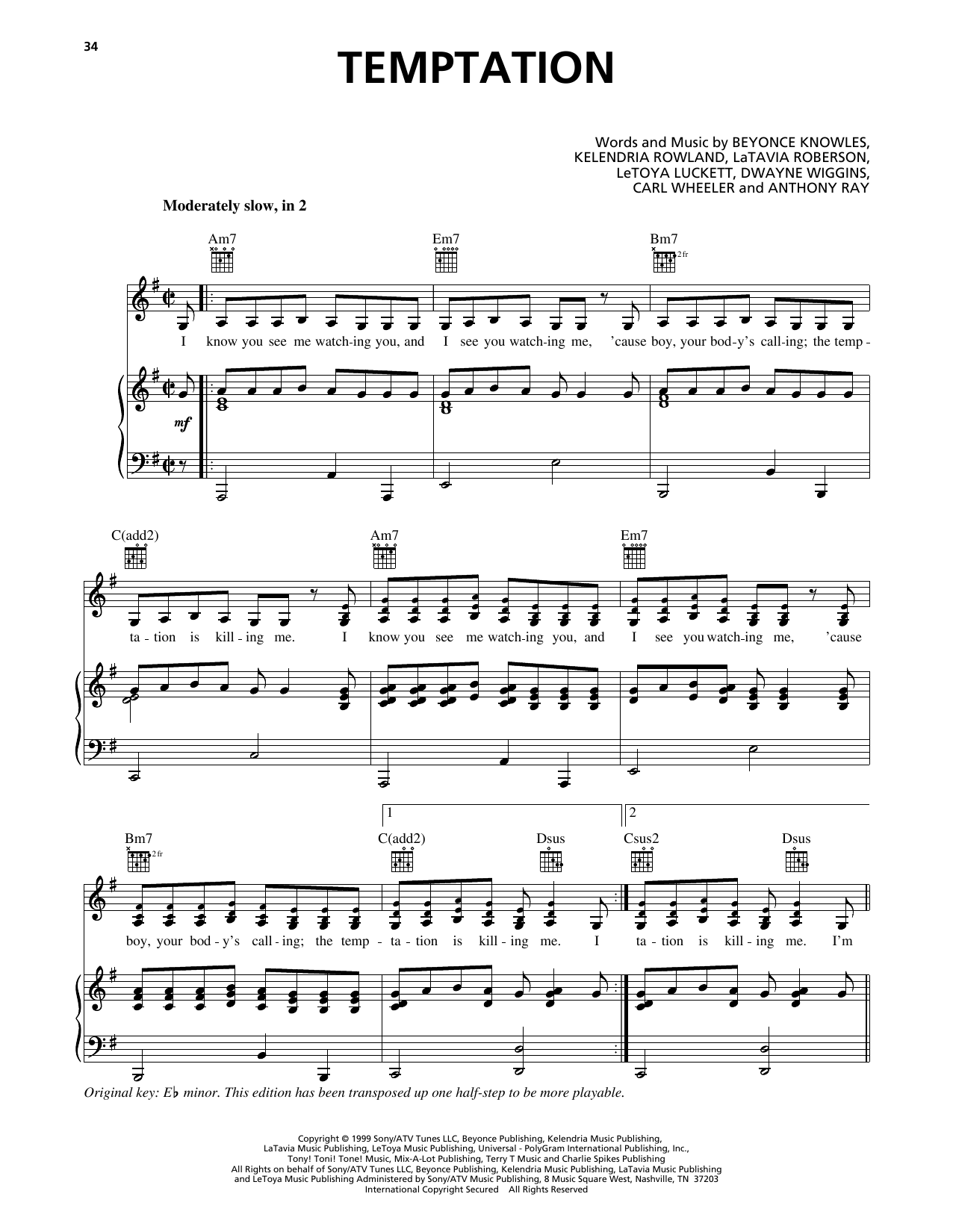 Download Destiny's Child Temptation Sheet Music and learn how to play Piano, Vocal & Guitar Chords (Right-Hand Melody) PDF digital score in minutes