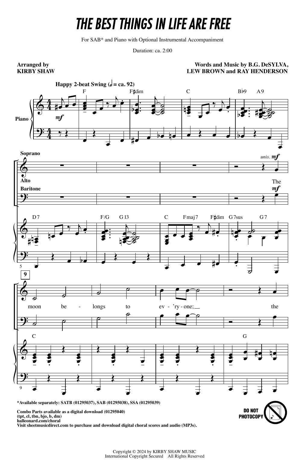 Download DeSylva, Brown & Henderson The Best Things In Life Are Free (arr. Kirby Shaw) Sheet Music and learn how to play SATB Choir PDF digital score in minutes