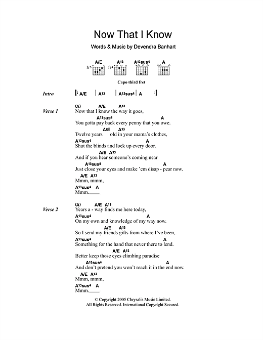 Download Devendra Banhart Now That I Know Sheet Music and learn how to play Lyrics & Chords PDF digital score in minutes