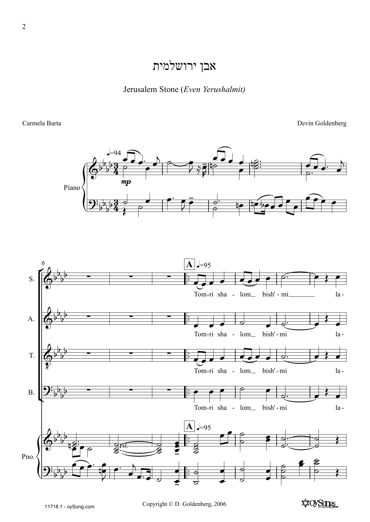 Download Devin Goldenberg Even Yerushalmit (Jerusalem Stone) Sheet Music and learn how to play SATB PDF digital score in minutes