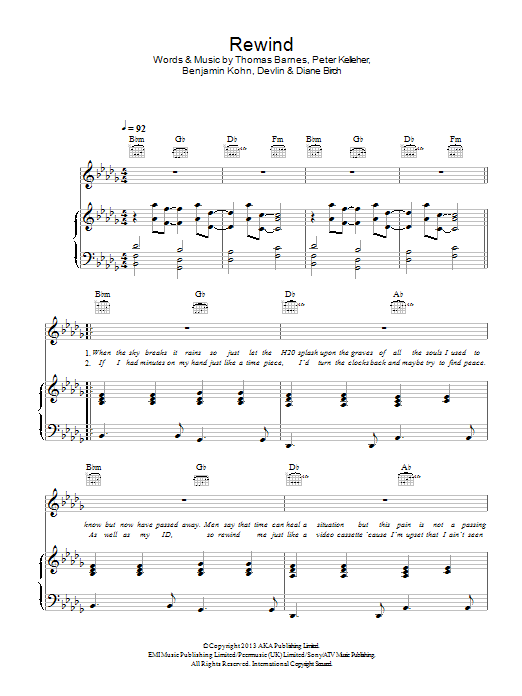 Download Devlin Rewind (feat. Diane Birch) Sheet Music and learn how to play Piano, Vocal & Guitar (Right-Hand Melody) PDF digital score in minutes