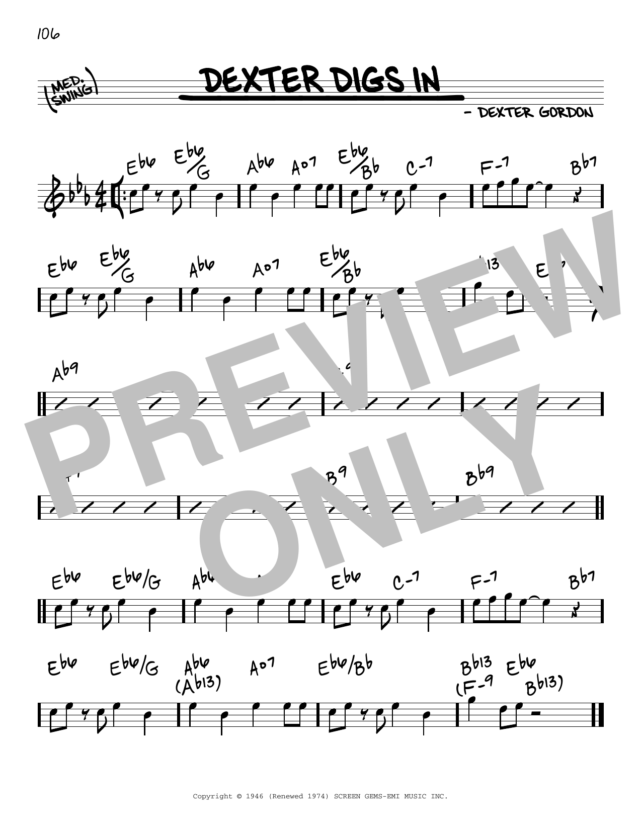 Download Dexter Gordon Dexter Digs In Sheet Music and learn how to play Real Book – Melody & Chords PDF digital score in minutes