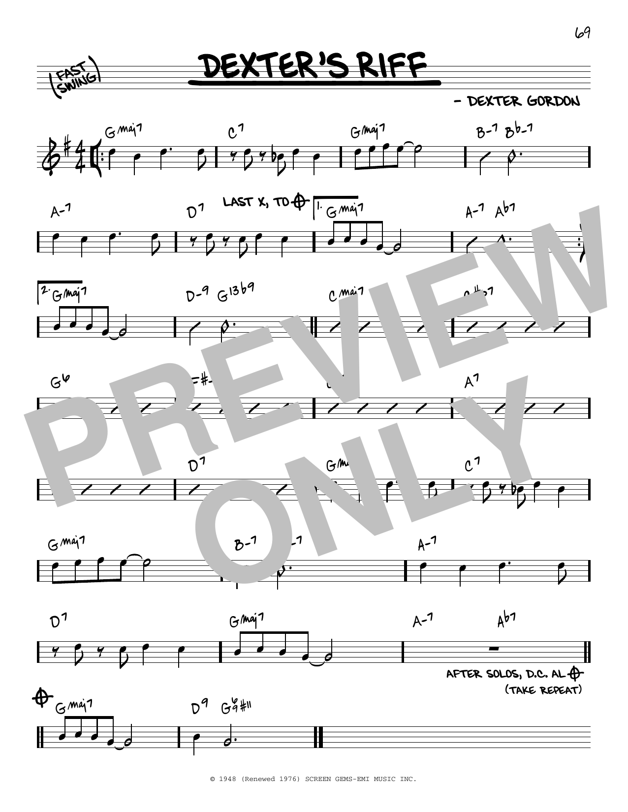 Download Dexter Gordon Dexter's Riff Sheet Music and learn how to play Real Book – Melody & Chords PDF digital score in minutes