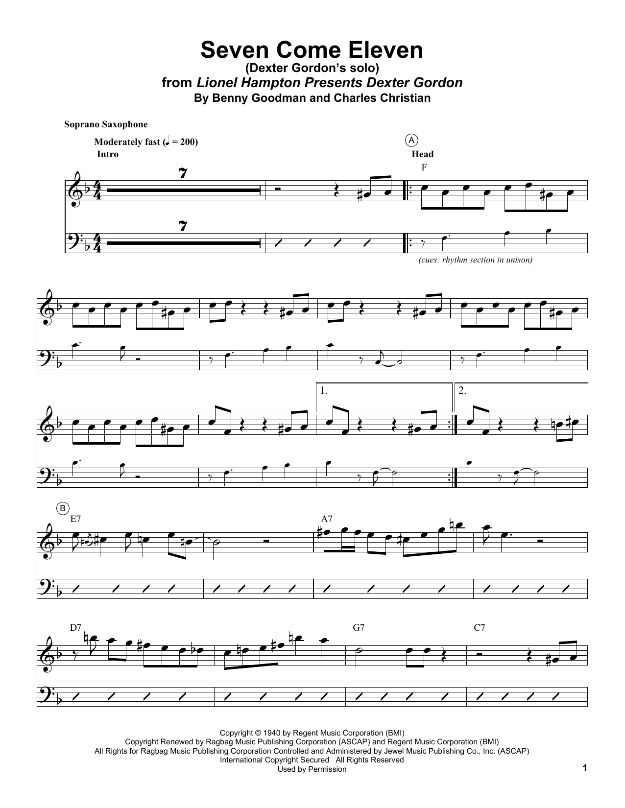 Download Dexter Gordon Seven Come Eleven Sheet Music and learn how to play Soprano Sax Transcription PDF digital score in minutes