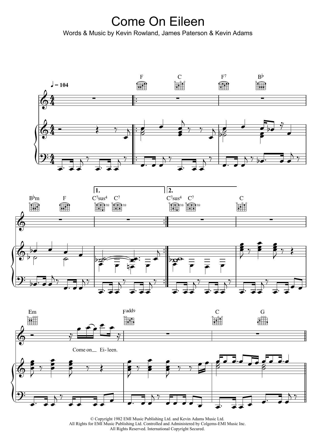 Download Dexy's Midnight Runners Come On Eileen Sheet Music and learn how to play Piano, Vocal & Guitar PDF digital score in minutes