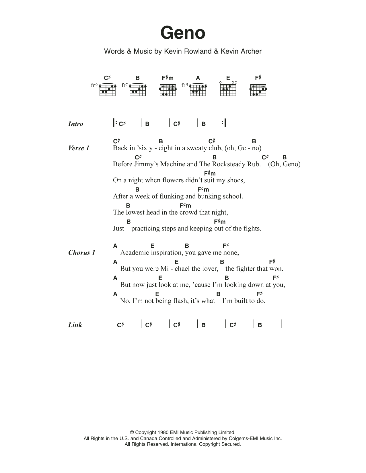 Download Dexy's Midnight Runners Geno Sheet Music and learn how to play Lyrics & Chords PDF digital score in minutes