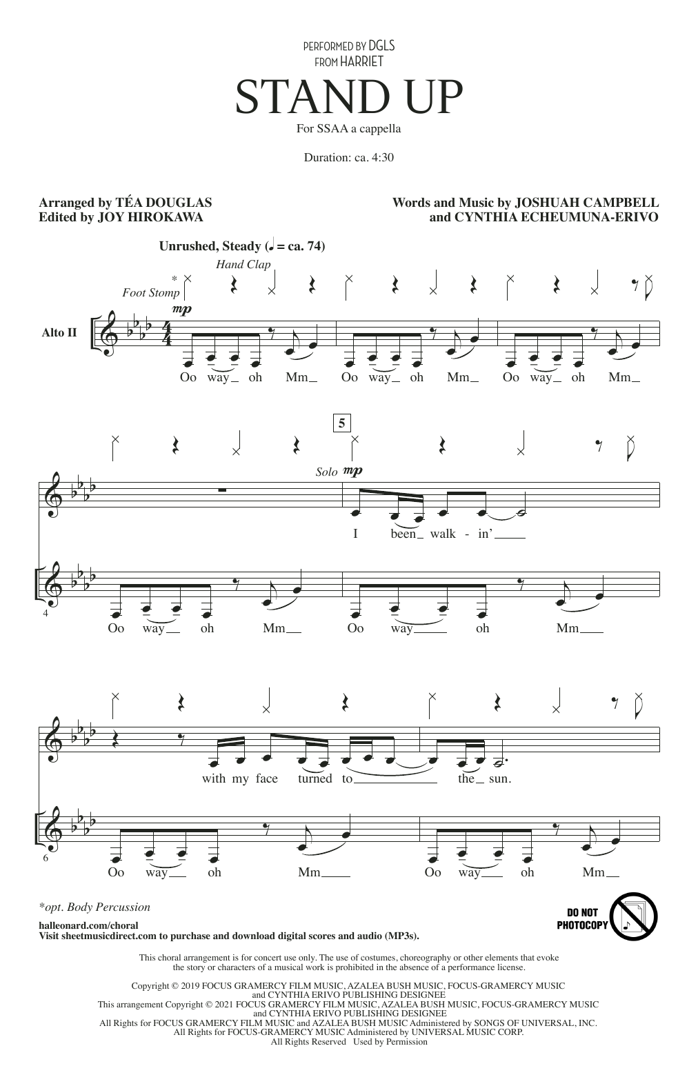 Download DGLS Stand Up (from Harriet) (arr. Téa Douglas) Sheet Music and learn how to play SSAA Choir PDF digital score in minutes