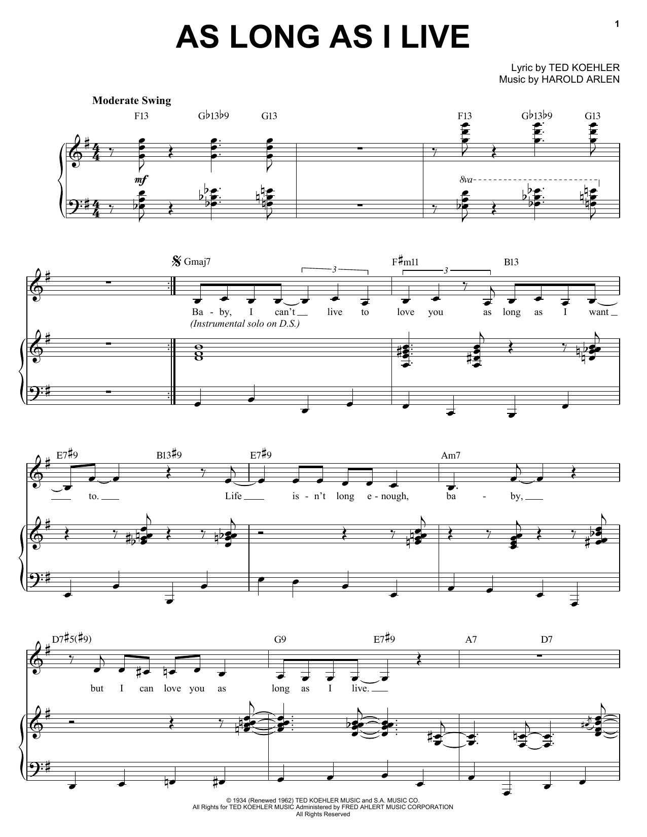 Download Diana Krall As Long As I Live Sheet Music and learn how to play Piano, Vocal & Guitar (Right-Hand Melody) PDF digital score in minutes