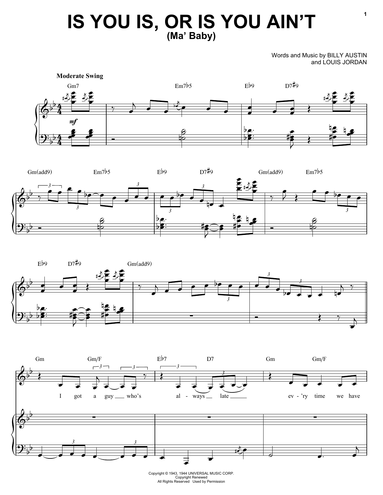 Download Diana Krall Is You Is, Or Is You Ain't (Ma' Baby) Sheet Music and learn how to play Piano, Vocal & Guitar (Right-Hand Melody) PDF digital score in minutes