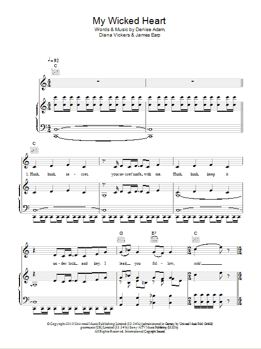Download Diana Vickers My Wicked Heart Sheet Music and learn how to play Piano, Vocal & Guitar (Right-Hand Melody) PDF digital score in minutes