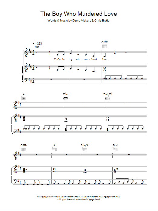 Download Diana Vickers The Boy Who Murdered Love Sheet Music and learn how to play Piano, Vocal & Guitar (Right-Hand Melody) PDF digital score in minutes