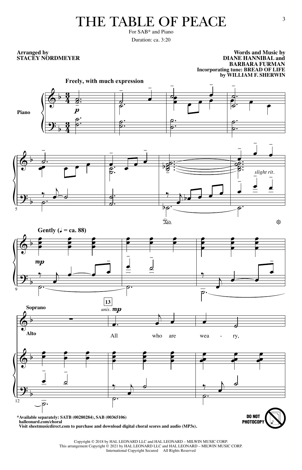 Download Diane Hannibal & Barbara Furman The Table Of Peace (arr. Stacey Nordmeyer) Sheet Music and learn how to play SAB Choir PDF digital score in minutes