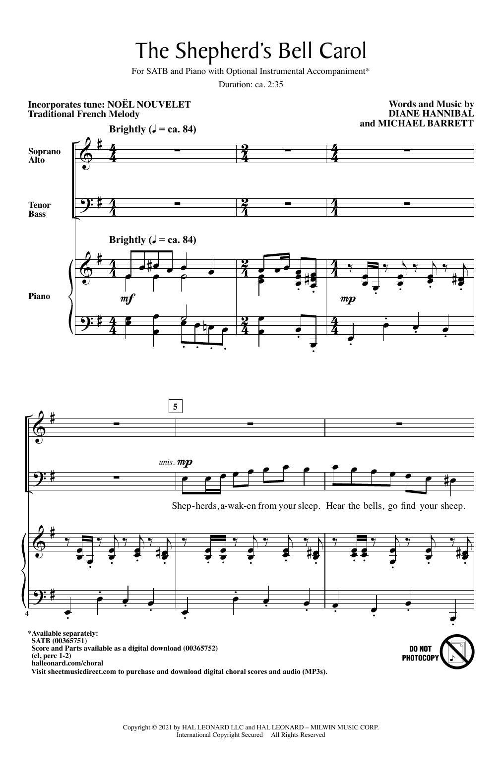 Download Diane Hannibal and Michael Barrett The Shepherd's Bell Carol Sheet Music and learn how to play SATB Choir PDF digital score in minutes