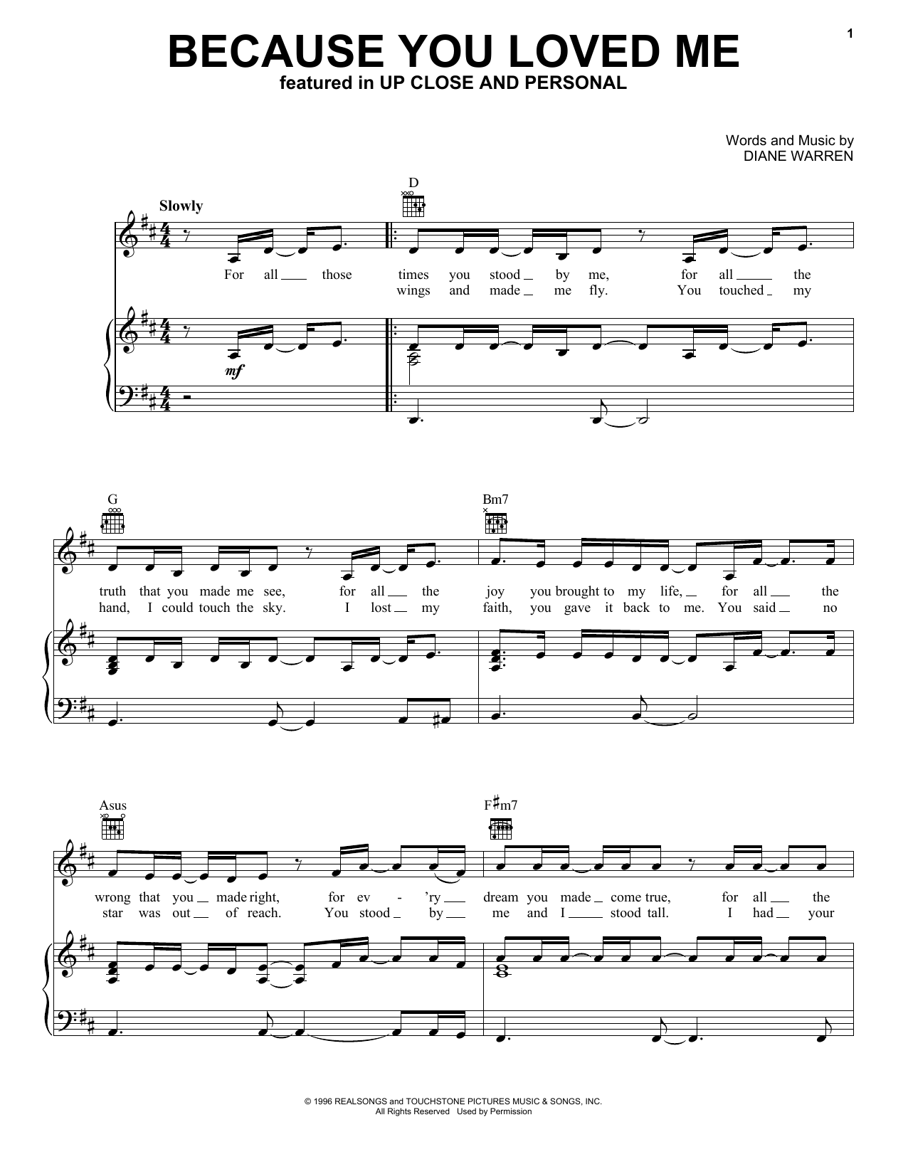 Download Diane Warren Because You Loved Me Sheet Music and learn how to play Piano PDF digital score in minutes