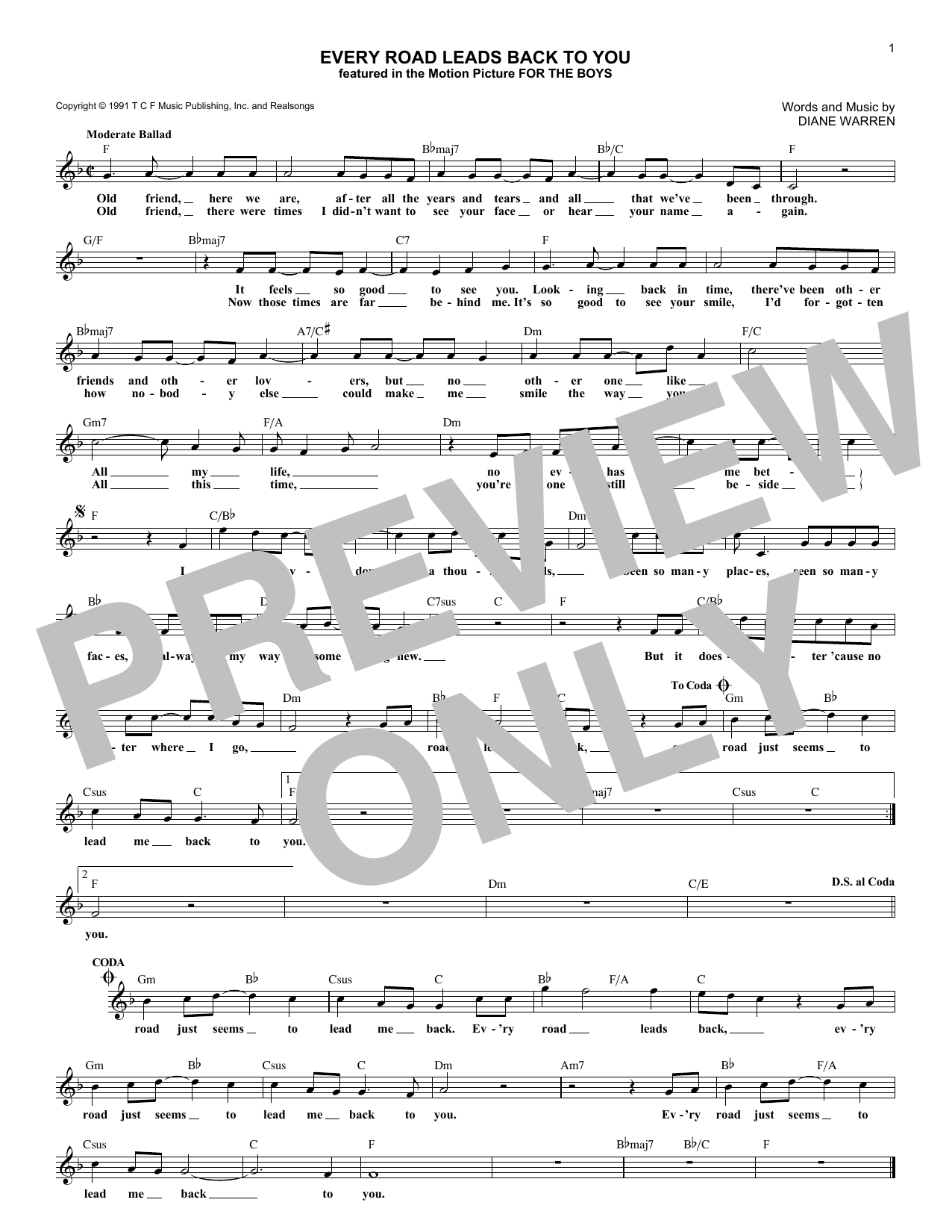 Download Diane Warren Every Road Leads Back To You Sheet Music and learn how to play Melody Line, Lyrics & Chords PDF digital score in minutes