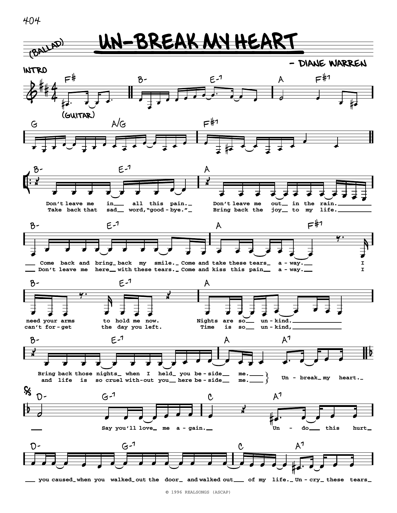 Download Diane Warren Un-break My Heart Sheet Music and learn how to play Real Book – Melody, Lyrics & Chords PDF digital score in minutes