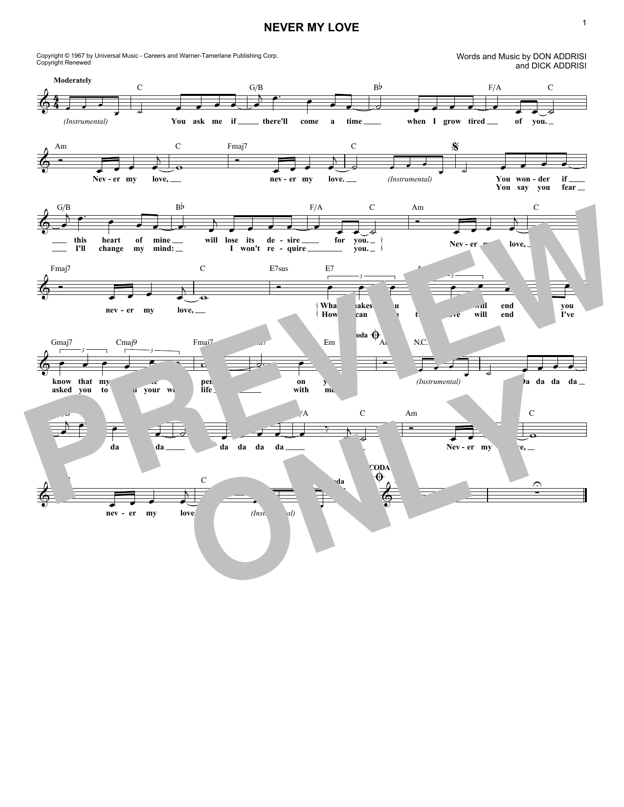 Download Dick Addrisi Never My Love Sheet Music and learn how to play Lead Sheet / Fake Book PDF digital score in minutes