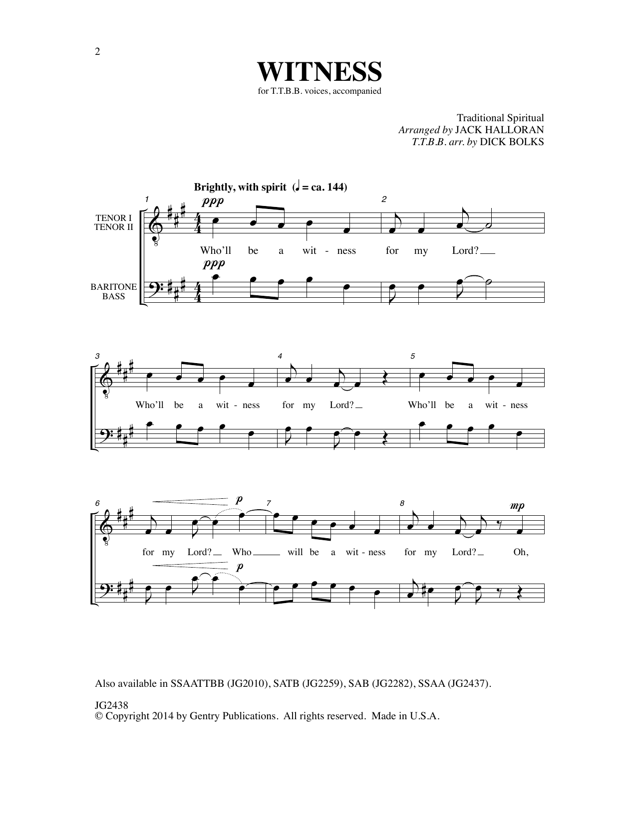 Download Dick Bolks Witness Sheet Music and learn how to play TTBB Choir PDF digital score in minutes