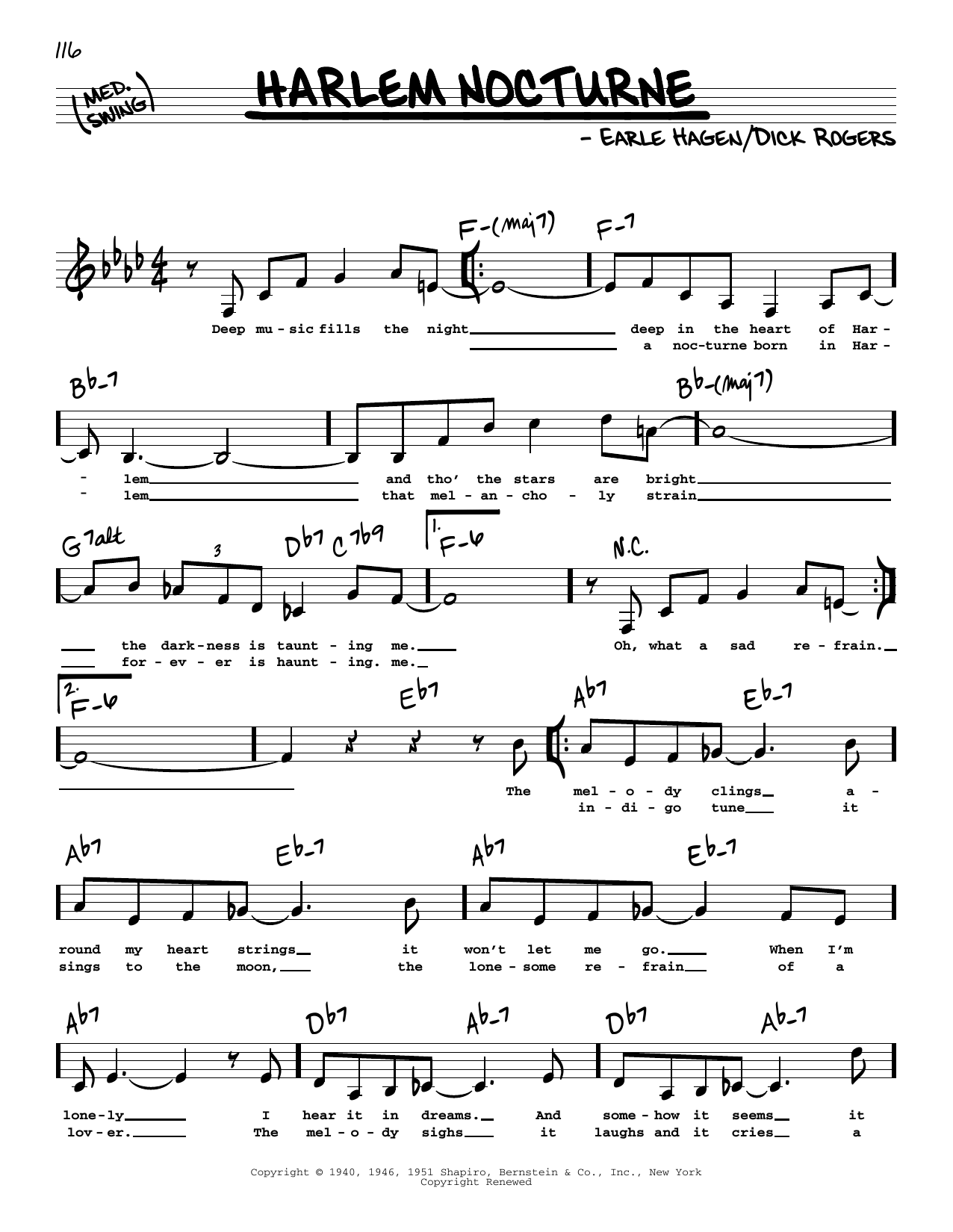 Download Dick Rogers Harlem Nocturne (Low Voice) Sheet Music and learn how to play Real Book – Melody, Lyrics & Chords PDF digital score in minutes
