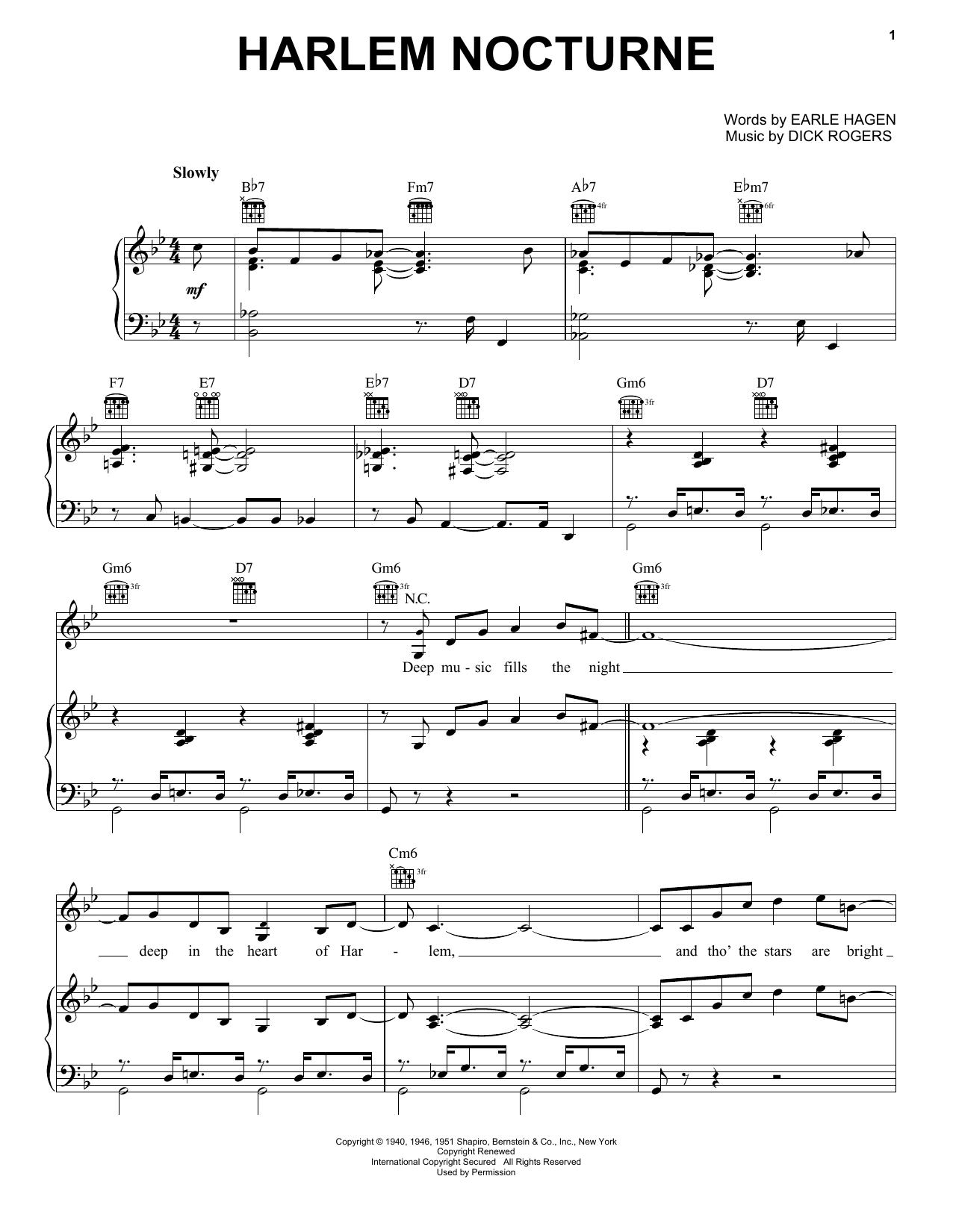 Download Dick Rogers Harlem Nocturne Sheet Music and learn how to play Piano, Vocal & Guitar (Right-Hand Melody) PDF digital score in minutes