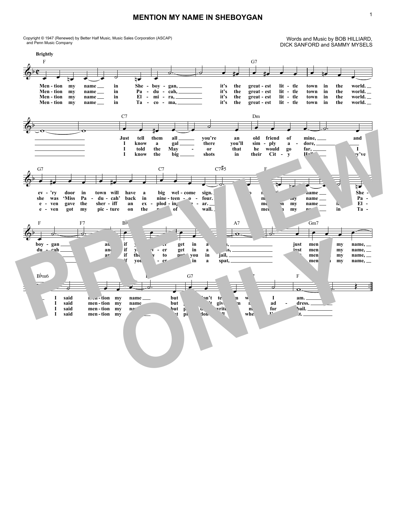 Download Dick Sanford Mention My Name In Sheboygan Sheet Music and learn how to play Melody Line, Lyrics & Chords PDF digital score in minutes