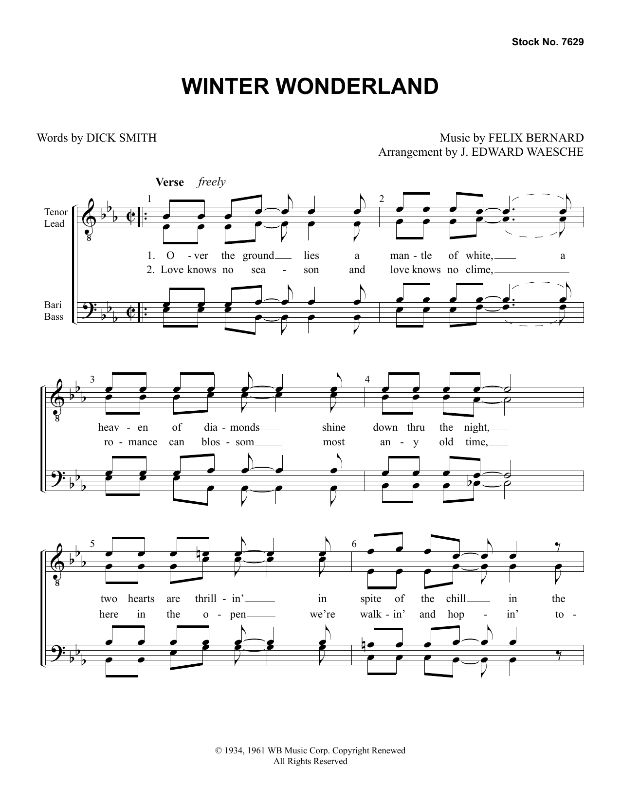 Download Dick Smith & Felix Bernard Winter Wonderland (arr. Ed Waesche) Sheet Music and learn how to play TTBB Choir PDF digital score in minutes