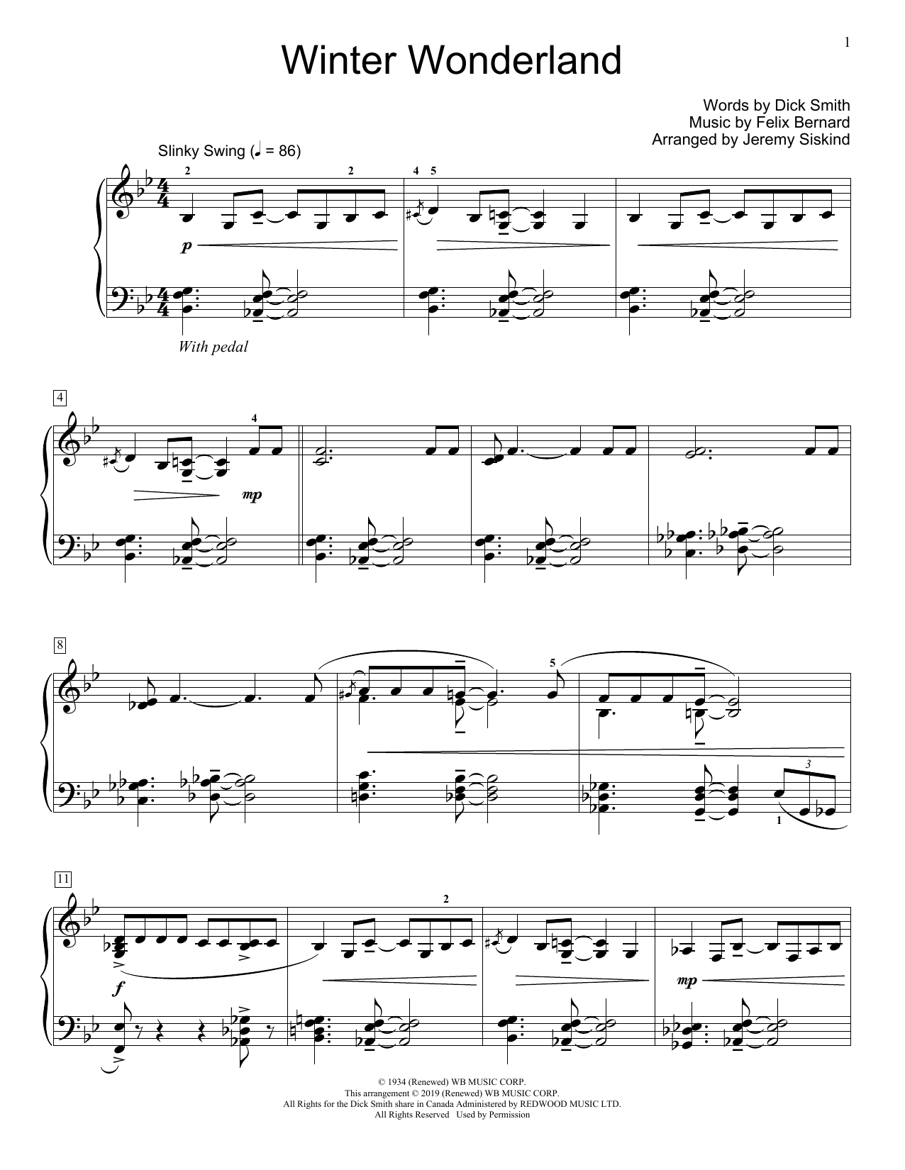 Download Dick Smith and Felix Bernard Winter Wonderland (arr. Jeremy Siskind) Sheet Music and learn how to play Educational Piano PDF digital score in minutes