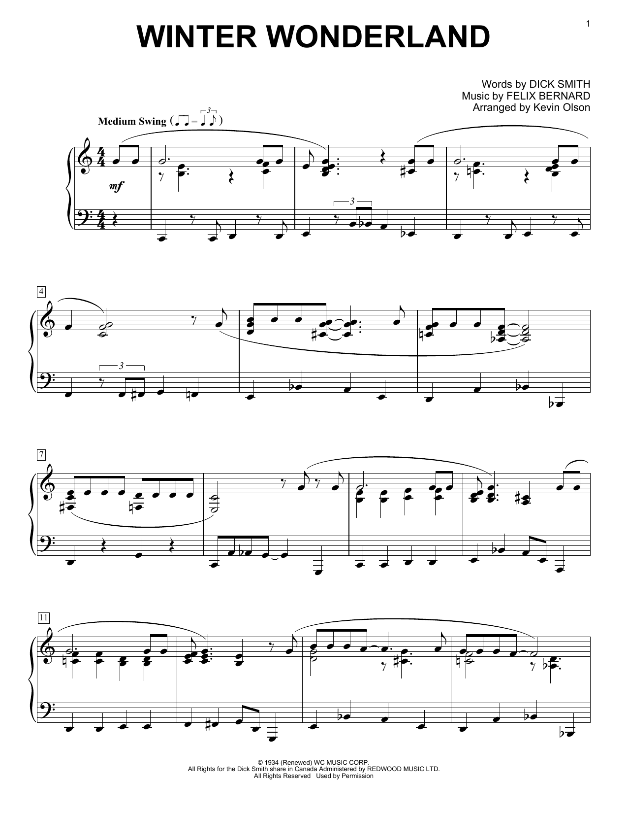 Download Dick Smith Winter Wonderland (arr. Kevin Olson) Sheet Music and learn how to play Easy Piano Solo PDF digital score in minutes