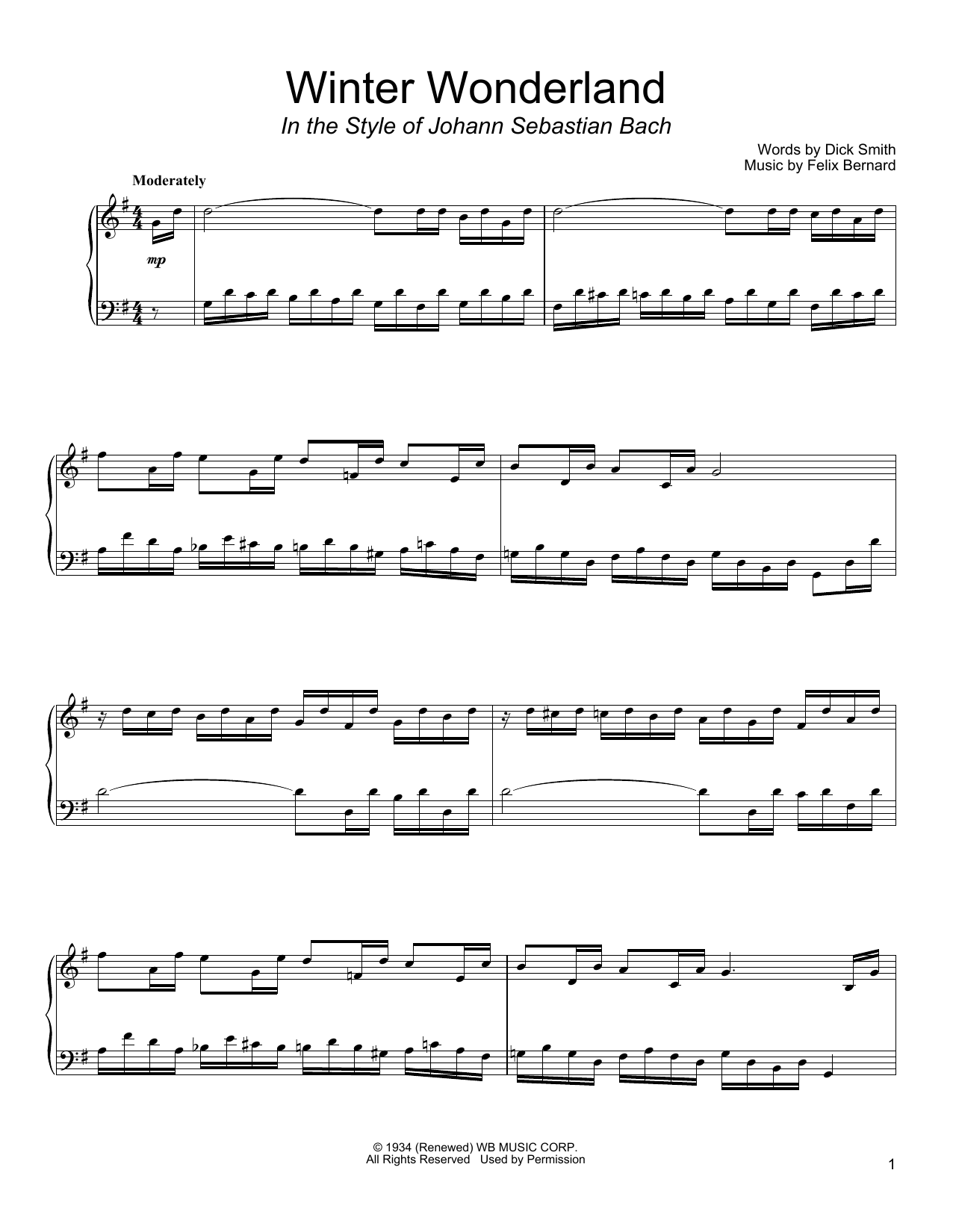 Download Dick Smith Winter Wonderland (in the style of J.S. Bach) Sheet Music and learn how to play Piano Solo PDF digital score in minutes