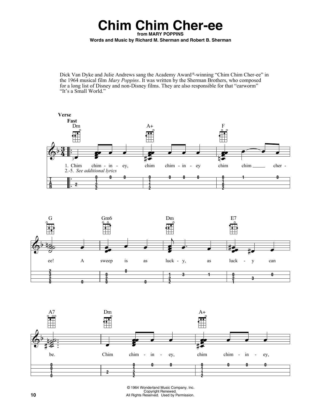 Download Sherman Brothers Chim Chim Cher-ee (from Mary Poppins) (arr. Fred Sokolow) Sheet Music and learn how to play Easy Ukulele Tab PDF digital score in minutes
