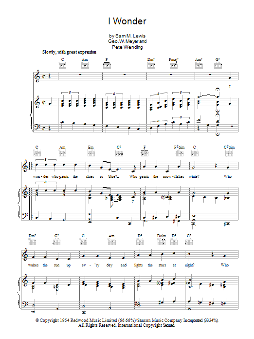 Download Dickie Valentine I Wonder Sheet Music and learn how to play Piano, Vocal & Guitar (Right-Hand Melody) PDF digital score in minutes