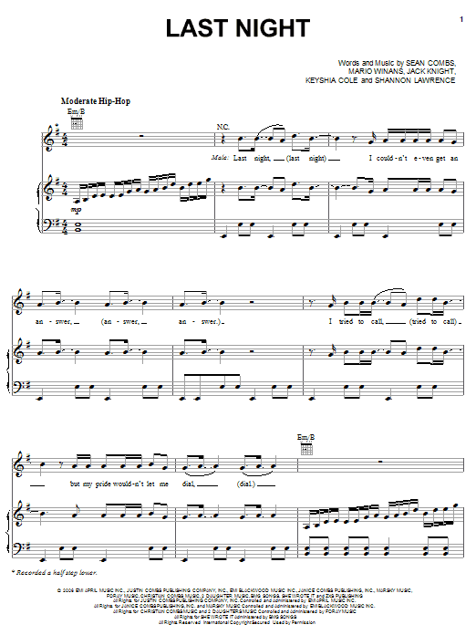 Download Diddy Last Night (feat. Keyshia Cole) Sheet Music and learn how to play Piano, Vocal & Guitar (Right-Hand Melody) PDF digital score in minutes