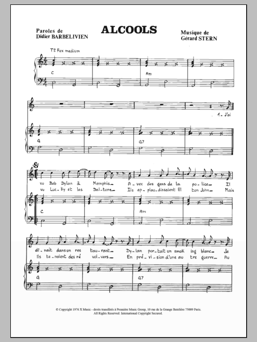 Download Didier Barbelivien Alcools Sheet Music and learn how to play Piano & Vocal PDF digital score in minutes