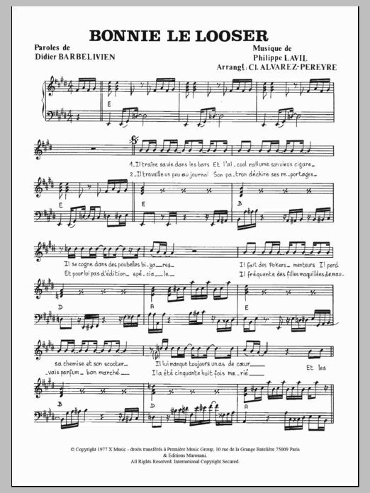 Download Didier Barbelivien Bonnie Le Looser Sheet Music and learn how to play Piano & Vocal PDF digital score in minutes