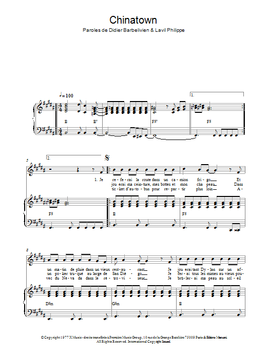 Download Didier Barbelivien Chinatown Sheet Music and learn how to play Piano & Vocal PDF digital score in minutes