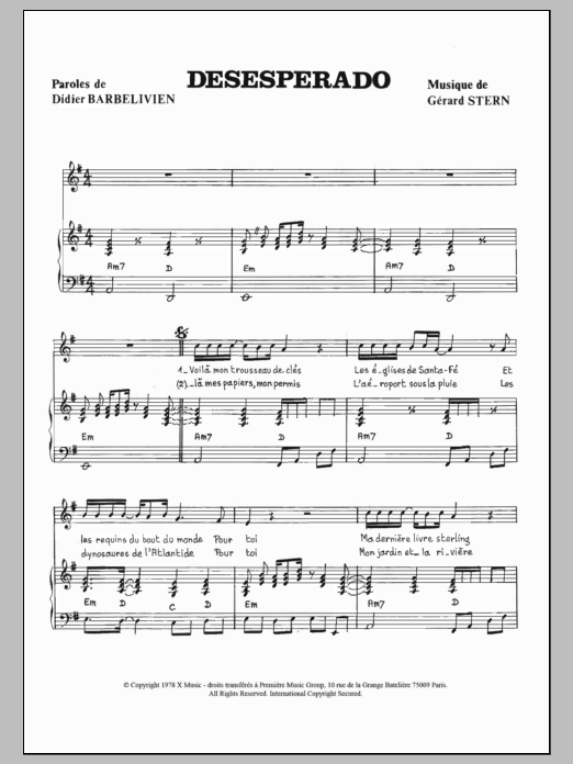 Download Didier Barbelivien Desperado Sheet Music and learn how to play Piano & Vocal PDF digital score in minutes